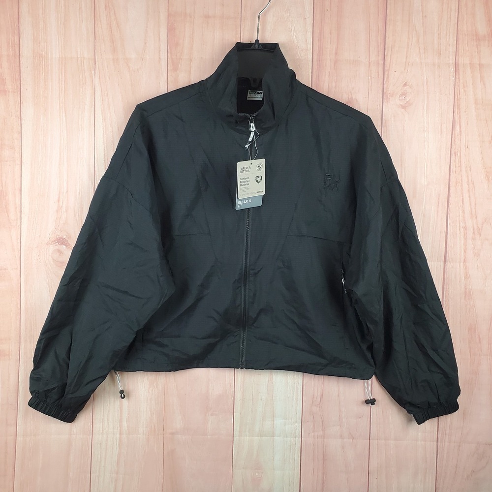 Puma Cropped Track Jacket Womens Small Black Relaxed Fit Mesh Lined Full Zip